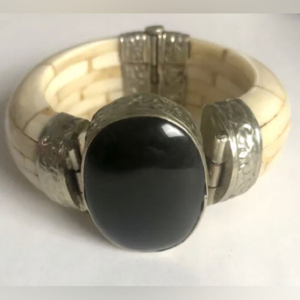 Antique Bone Bracelet with Black Onyx Stone